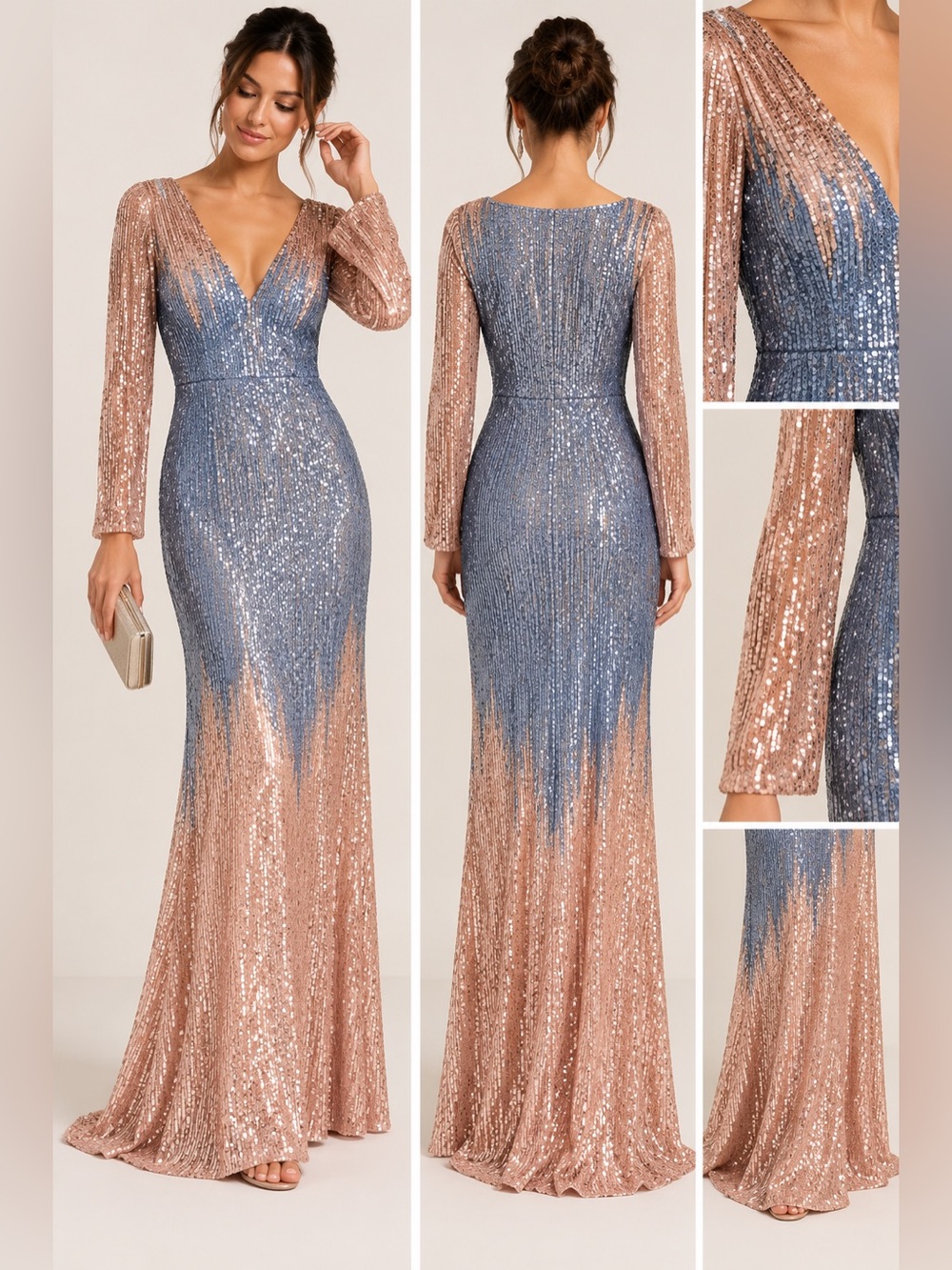 Blue Rose Gold Sequin Long Sleeve Formal Prom Gown Dress Size 8
